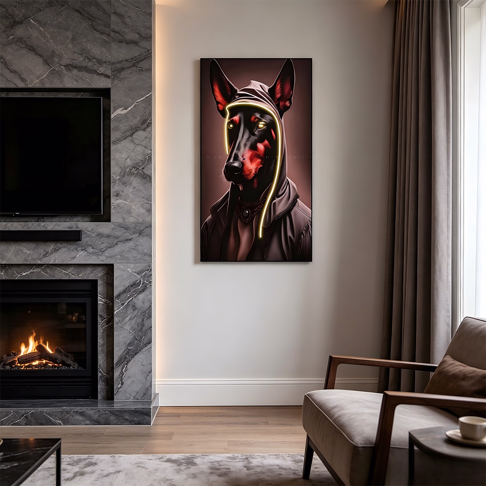 L80CM/31.4INCH Abstract Hooede Doberman Canvas Wall Art Glowing White Neon Outline Decor for Living Room  Restaurant Cafes Office
