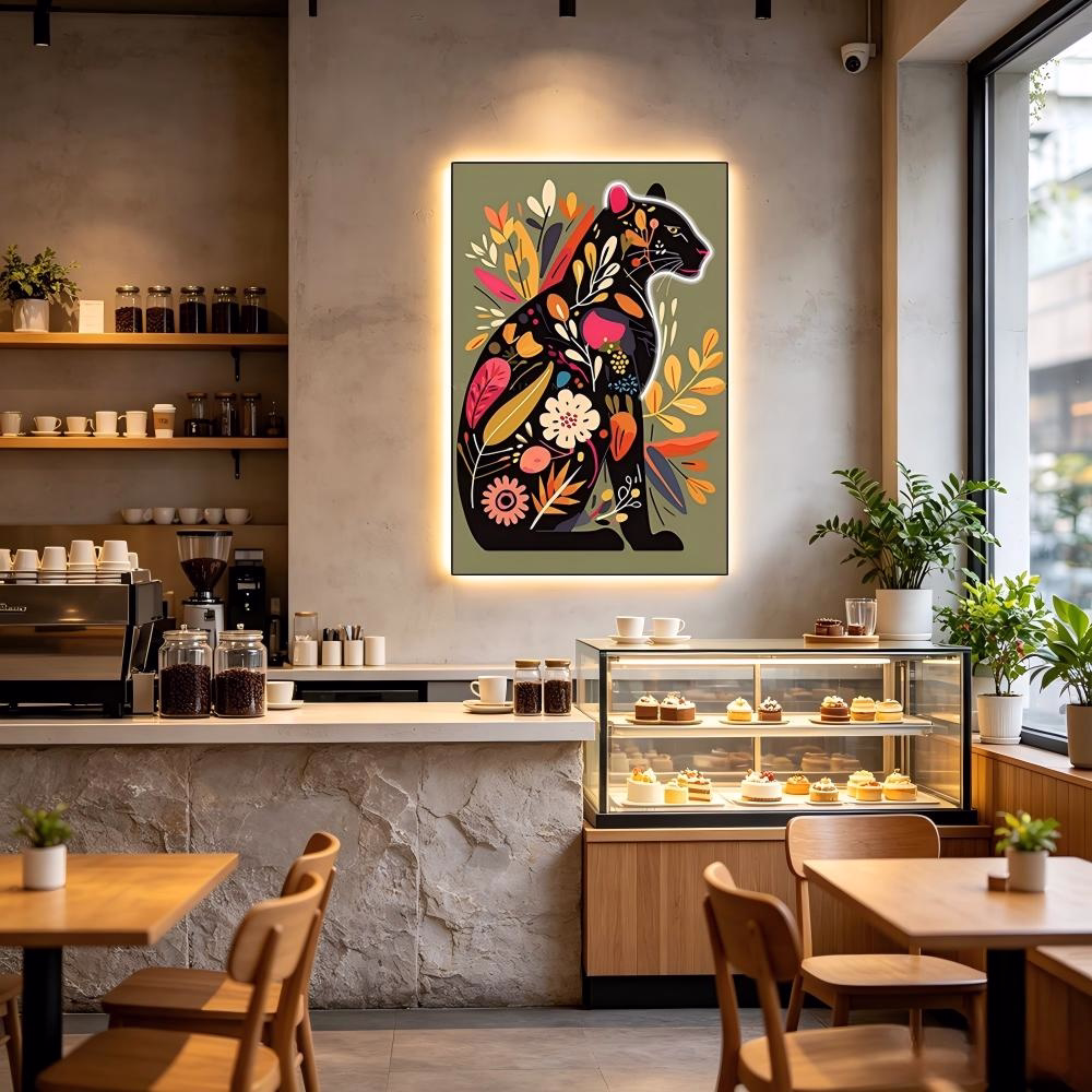 L80CM/31.4INCH Vibrant LED Wall Canvas Art Boho Floral Panther Decor for Cafes Music Bars Restaurant