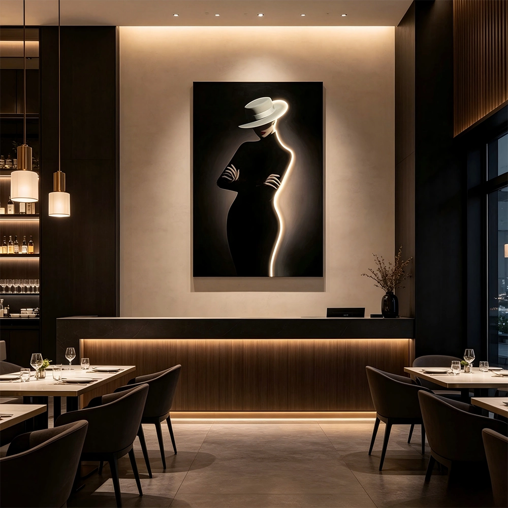 L80CM/31.4INCH Elegant LED Wall Pictures Silhouette Lady Hat Modern Gallery Art Decor