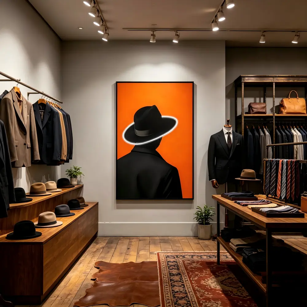 L80CM/31.4INCH Striking Wide Brim Hat Male Figure Led Wall Art For Upscale Men Clothing Collection Shop