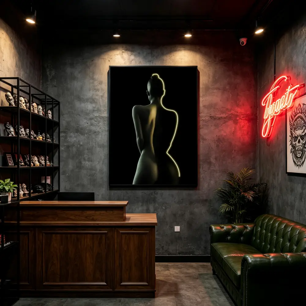 Moody Led Wall Canvas Art Female Back Portrait For Hospitality Sports Bar Tattoo Shop Spa Salon